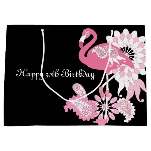 Personalized Modern Black Pink Flamingo Birthday Large Gift Bag