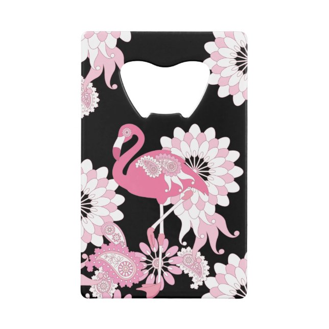 Personalized Modern Black Pink Flamingo Credit Card Bottle Opener (Front)