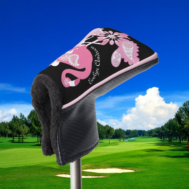 Personalized Modern Black Pink Flamingo Golf Head Cover (Creator Uploaded)