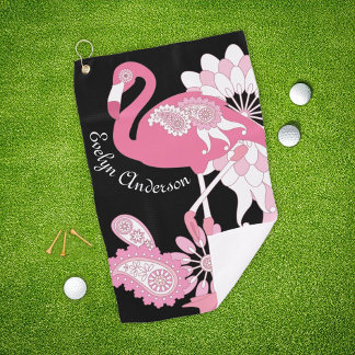 Personalized Modern Black Pink Flamingo Golf Towel