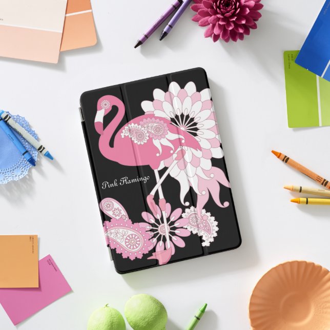 Personalized Modern Black Pink Flamingo iPad Pro Cover (Desk)