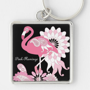 Personalized Modern Black Pink Flamingo Keychain