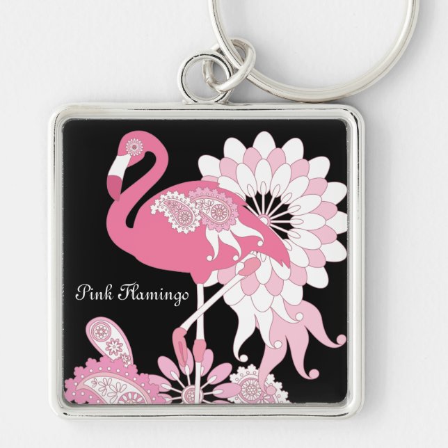 Personalized Modern Black Pink Flamingo Keychain (Front)