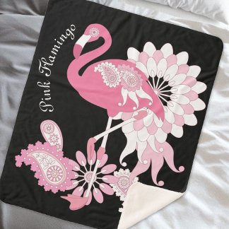 Personalized Modern Black Pink Flamingo Sherpa Blanket