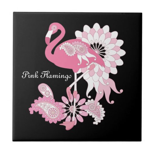 Personalized Modern Black Pink Flamingo Tile