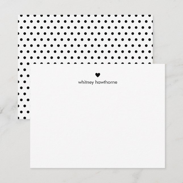 Personalized Modern Black Polka Dots & Heart Note Card (Front/Back)