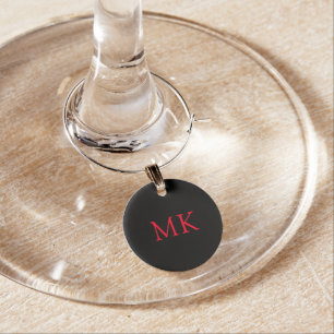 Personalized Modern Black Red Monogram Initials Wine Charm