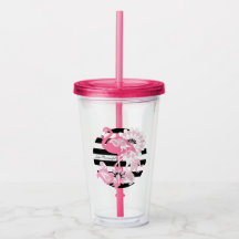 Personalized Modern Black Stripe Pink Flamingo