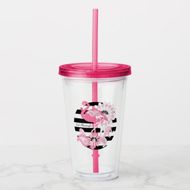 Personalized Modern Black Stripe Pink Flamingo Acrylic Tumbler (Front)