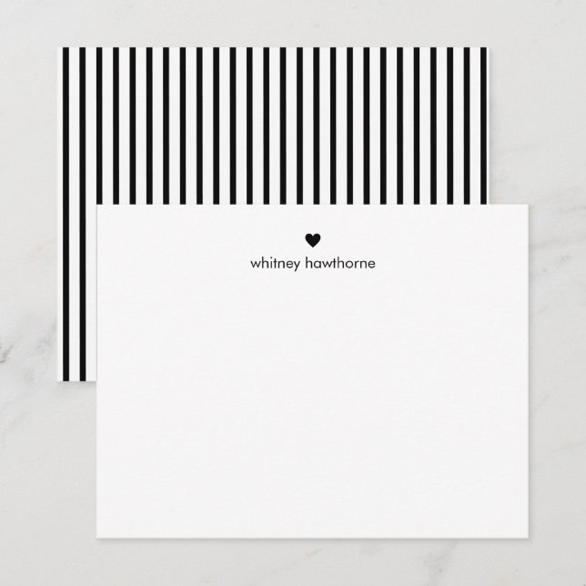 Personalized Modern Black Stripes & Heart Note Card (Front/Back)