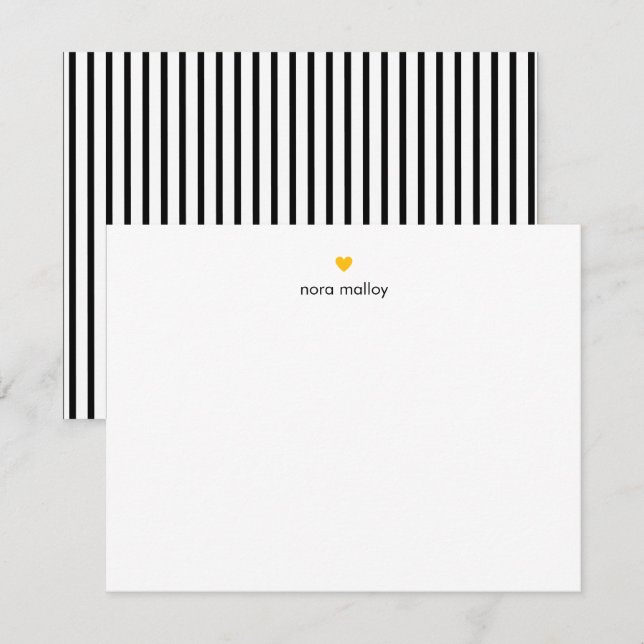Personalized Modern Black Stripes Heart Note Card (Front/Back)