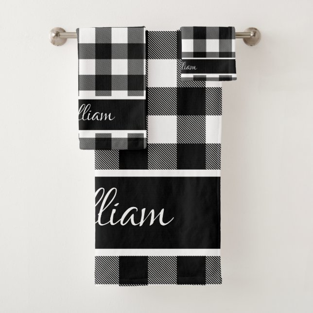 Personalized Modern Black White Buffalo Checks Bath Towel Set (Insitu)