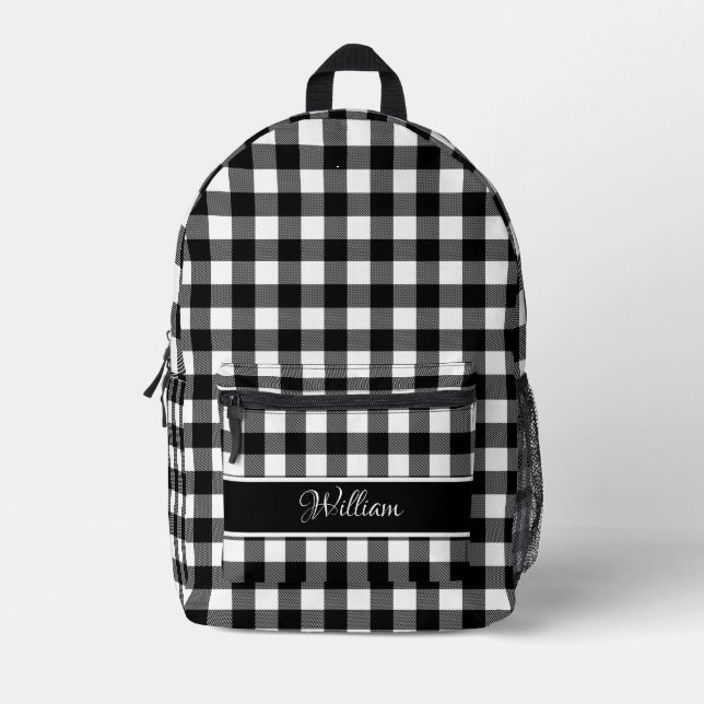 Personalized Modern Black White Buffalo Checks Printed Backpack (Front)