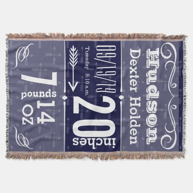 Personalized Modern Blue Birth Record Throw Blanket (Front)