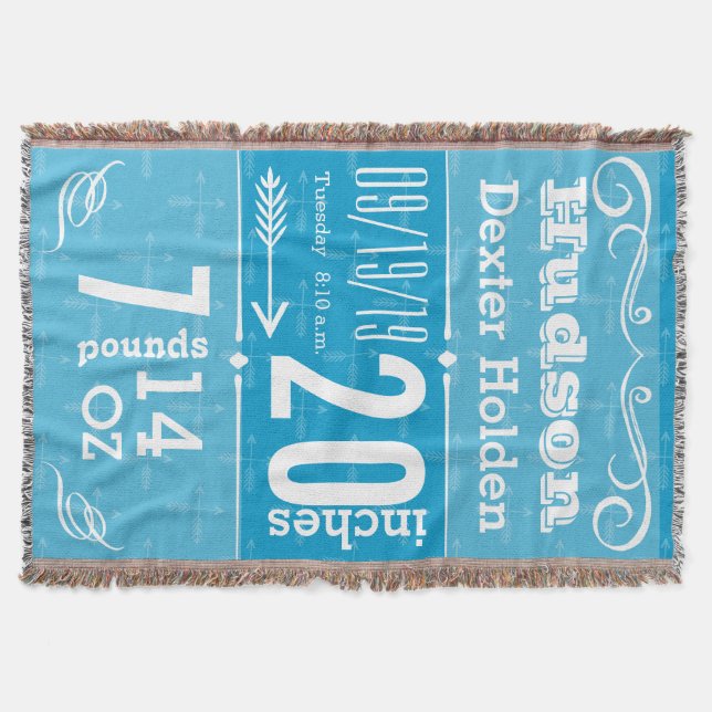 Personalized Modern Blue Birth Stats Throw Blanket (Front)