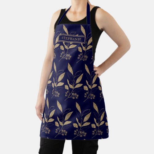 Personalized Modern Blue Gold Floral  Apron
