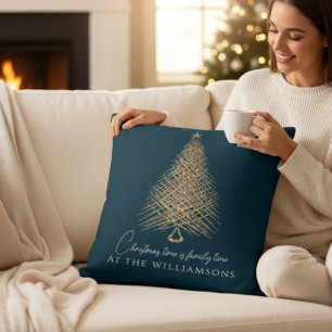 Personalized modern blue gold tree christmas throw pillow