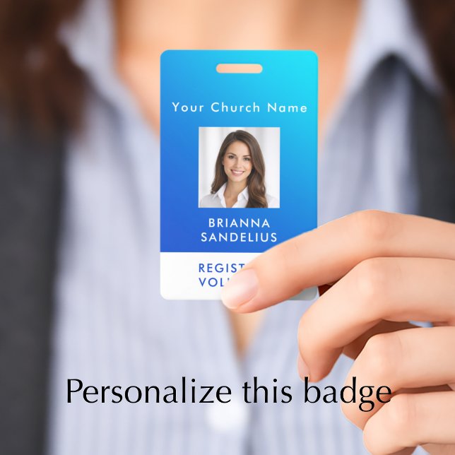 Personalized Modern Blue Gradient Custom Photo ID Badge (Add your own words to personalize this modern blue gradient registered volunteer photo ID badge.
)