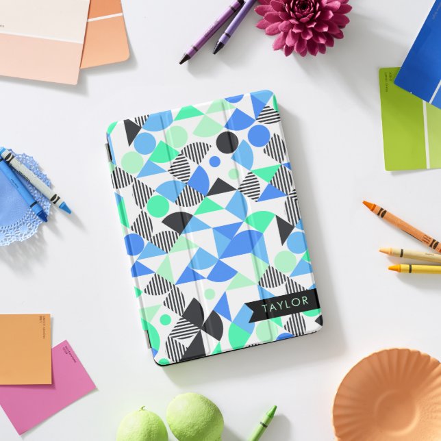 Personalized Modern Blue Mint Geometric iPad Pro Cover (Desk)