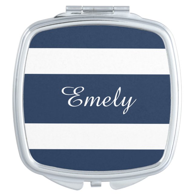 Personalized Modern Blue Stripes Pattern Compact Mirror (Front)