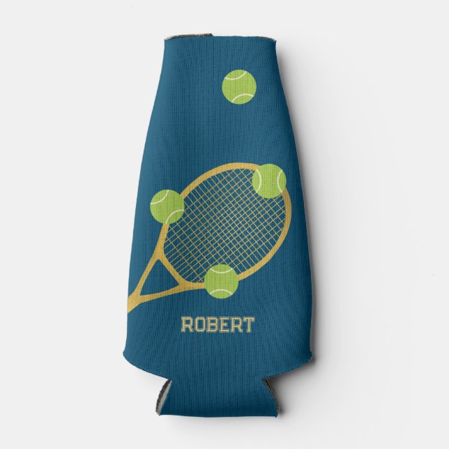 Personalized Modern Blue Tennis Racket Ball Bottle Cooler (Front)