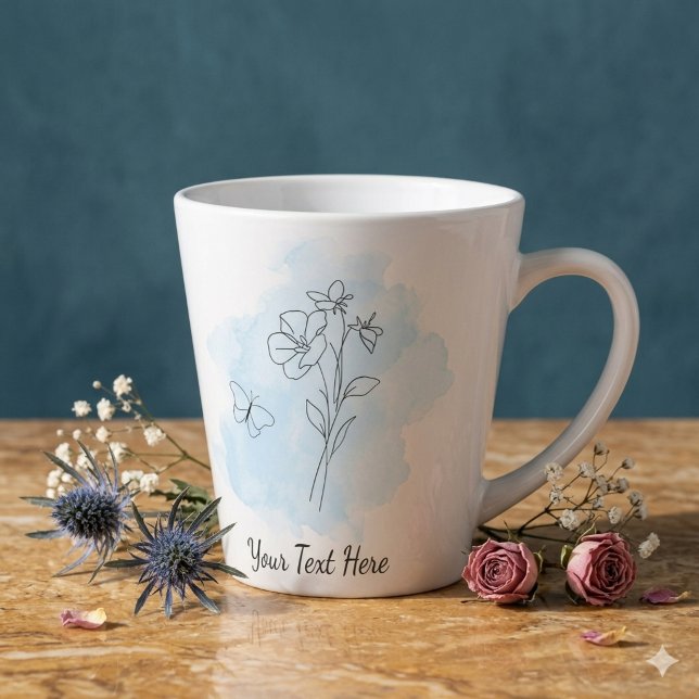 Personalized Modern Blue Watercolor Coffee Mug (Modern minimal style coffee mug with blue watercolor splash, line art, and a customizable text)