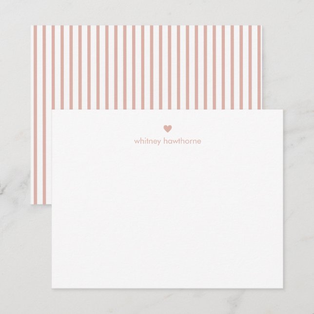 Personalized Modern Blush Pink Stripes & Heart Note Card (Front/Back)