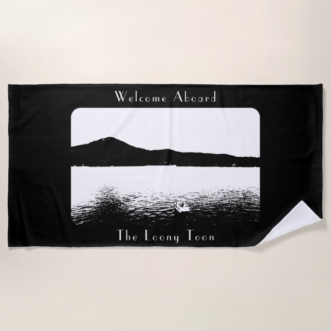 Personalized Modern Boat Decor Black White Pontoon Beach Towel (Front)