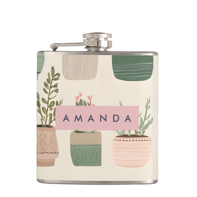 Personalized Modern Boho Potted Succulent Plant Flask (Front)
