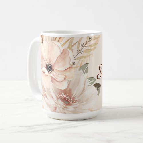 Personalized Modern Boho Watercolor Flowers Palms Coffee Mug