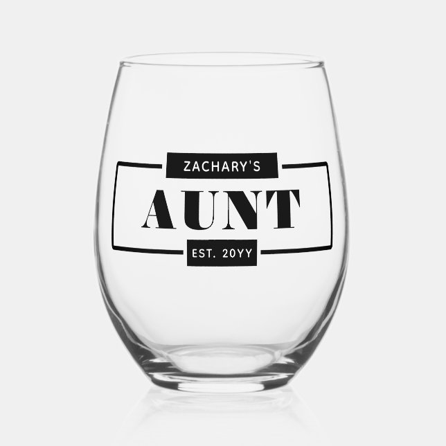 Personalized Modern Bold Aunt Est New Aunt Stemless Wine Glass (Front)