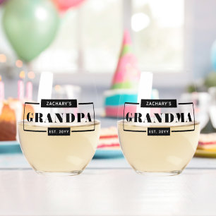 Personalized Modern Bold Grandpa Grandma Est Stemless Wine Glass