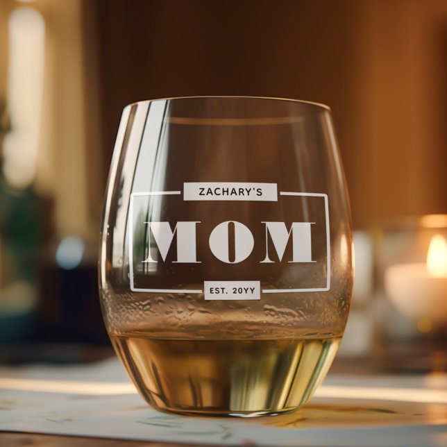Personalized Modern Bold Mom Est New Mommy Stemless Wine Glass (Creator Uploaded)
