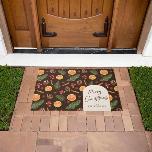 Personalized Modern Botanical Merry Christmas  Doormat (Outdoor)