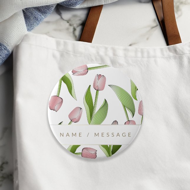 Personalized Modern Botanical Pink Tulip Flower Button (Creator Uploaded)