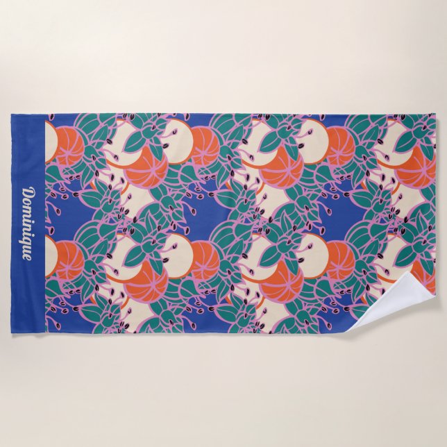 Personalized Modern Bud & Flower Pattern Beach Towel (Front)
