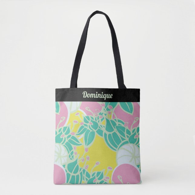 Personalized Modern Bud & Flower Pattern Tote Bag (Front)