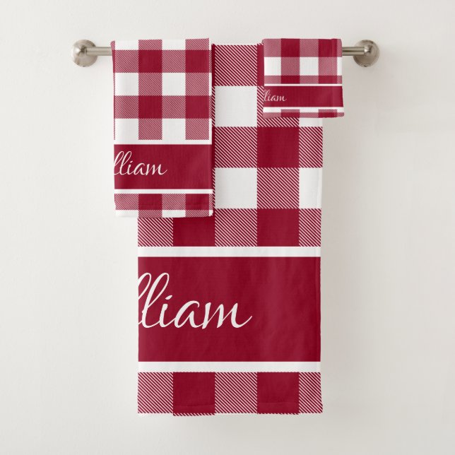 Personalized Modern Burgundy White Buffalo Checks Bath Towel Set (Insitu)