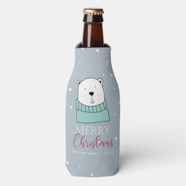 Personalized Modern Christmas Bear Bottle Cooler (Bottle Front)