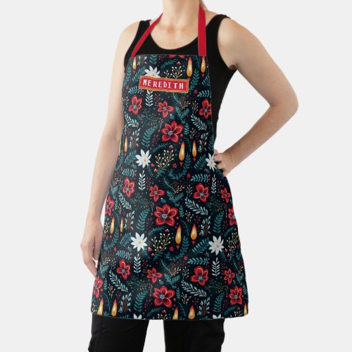 Personalized Modern Christmas Floral Holiday Apron