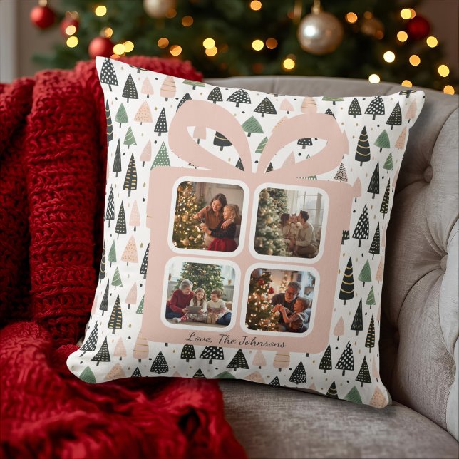 Personalized Modern Christmas Gift Box Photo Throw Pillow (Creator Uploaded)