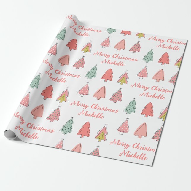 Personalized Modern Christmas Pink Pine Tree       Wrapping Paper (Unrolled)