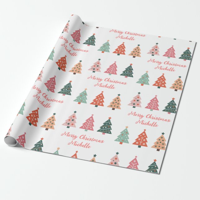 Personalized Modern Christmas Pink Pine Tree       Wrapping Paper (Unrolled)