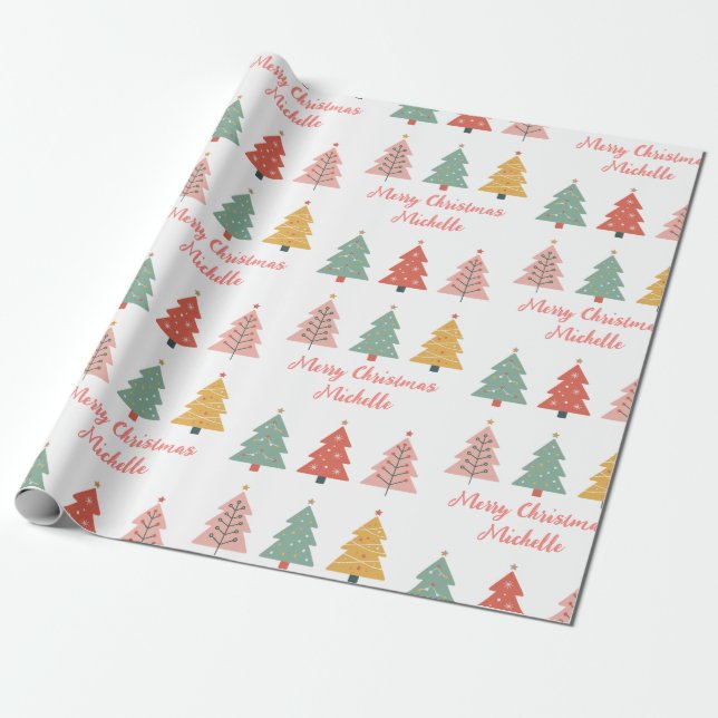 Personalized Modern Christmas Pink Pine Tree       Wrapping Paper (Unrolled)