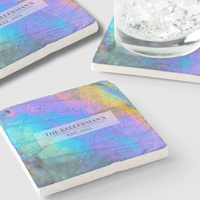 Personalized Modern Colorful Family Name Stone Coaster (Modern Colorful Labradorite Stone Family Name Stone Coaster)