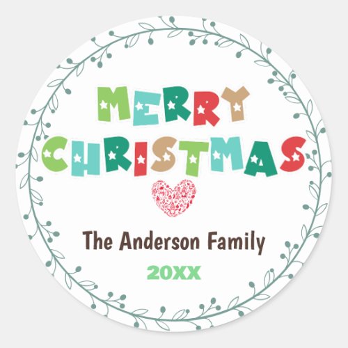 Personalized Modern Colorful Merry Christmas Classic Round Sticker