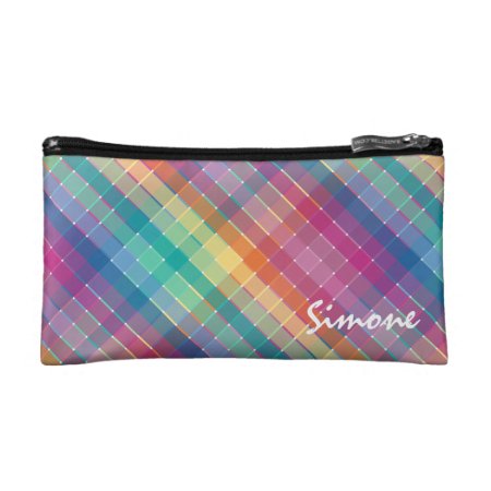 Personalized Modern Colorful Rainbow Plaid Stripes Cosmetic Bag