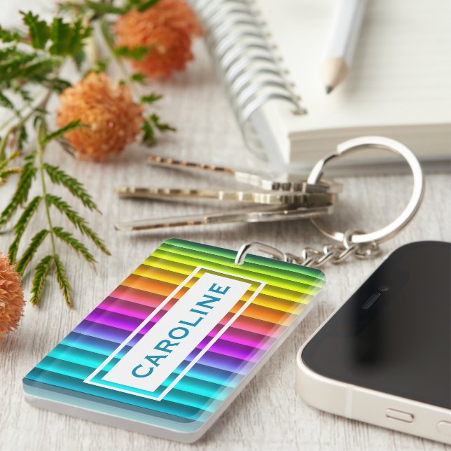 Personalized Modern Colorful Rainbow Stripe Keychain (Front Right)