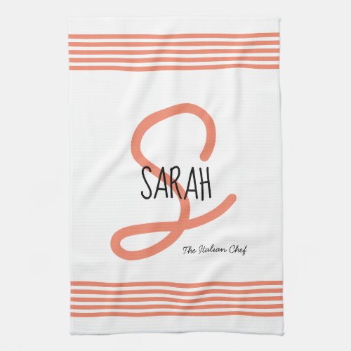 Personalized Modern Coral Elegant Monogram Chef Kitchen Towel