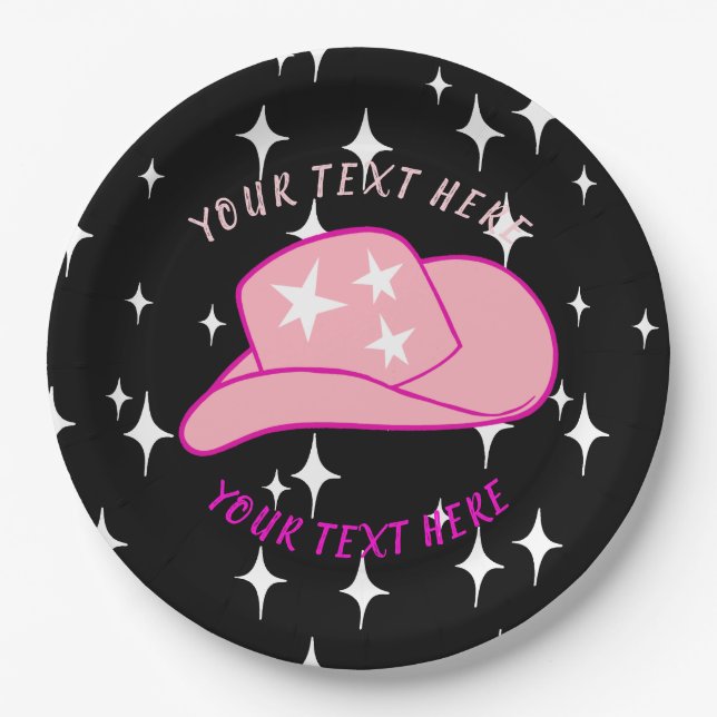Personalized Modern Cowgirl Hat Starburst Black Paper Plates (Front)